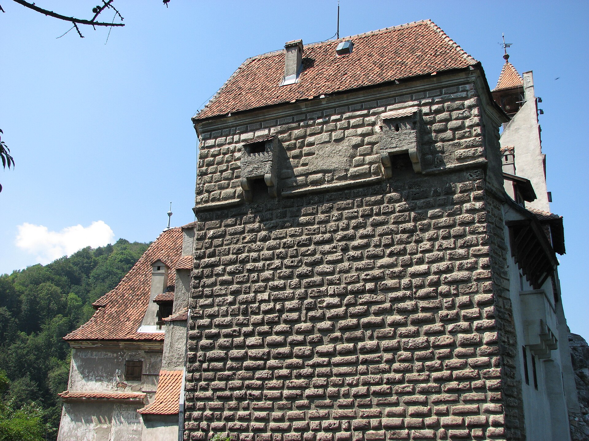 Fața turnului de piatră: goluri, cornișă și acoperiș.