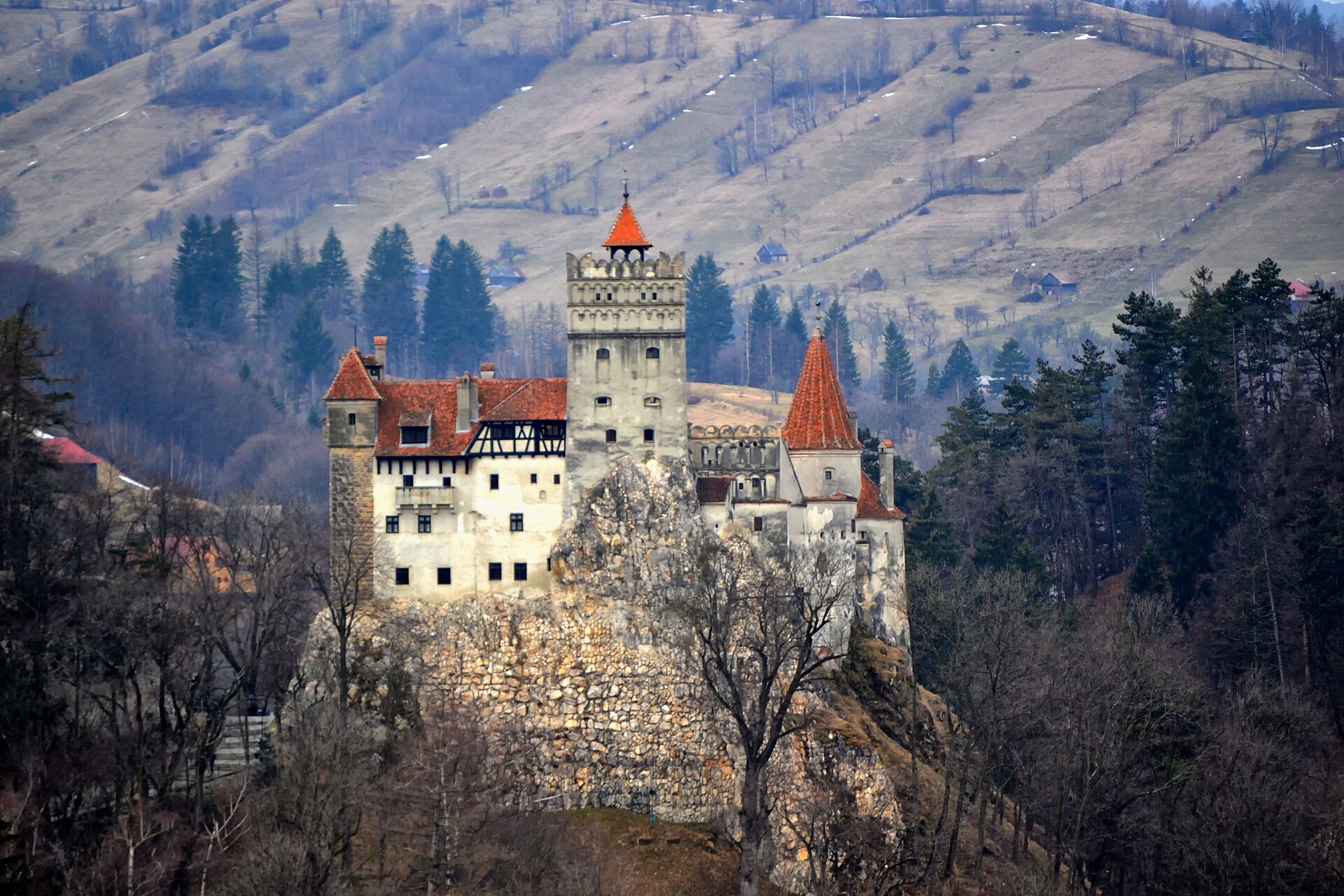 Ansamblul pe stâncă văzut frontal de la distanță, cu relieful și turnurile.
