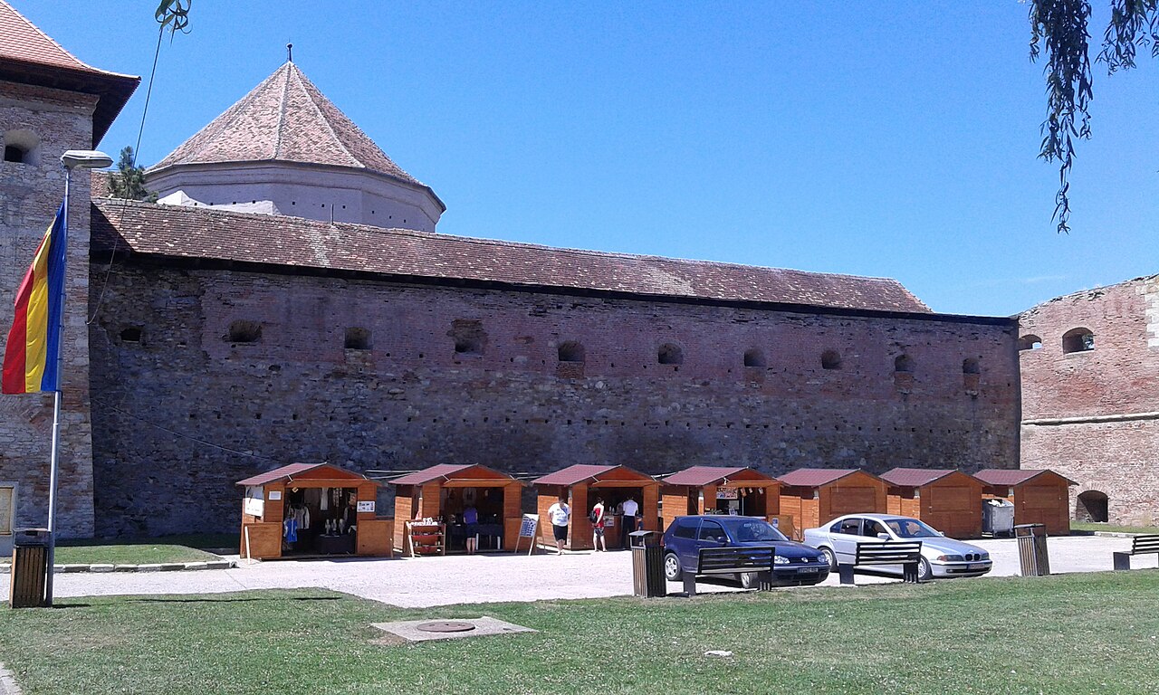 Zid de incintă cu goluri și turn, văzut din zona intrării