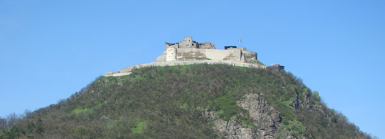 Cetatea văzută de la distanță deasupra dealului împădurit