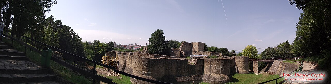 Panoramă exterioară a zidurilor și bastioanelor, cu vegetație în margini