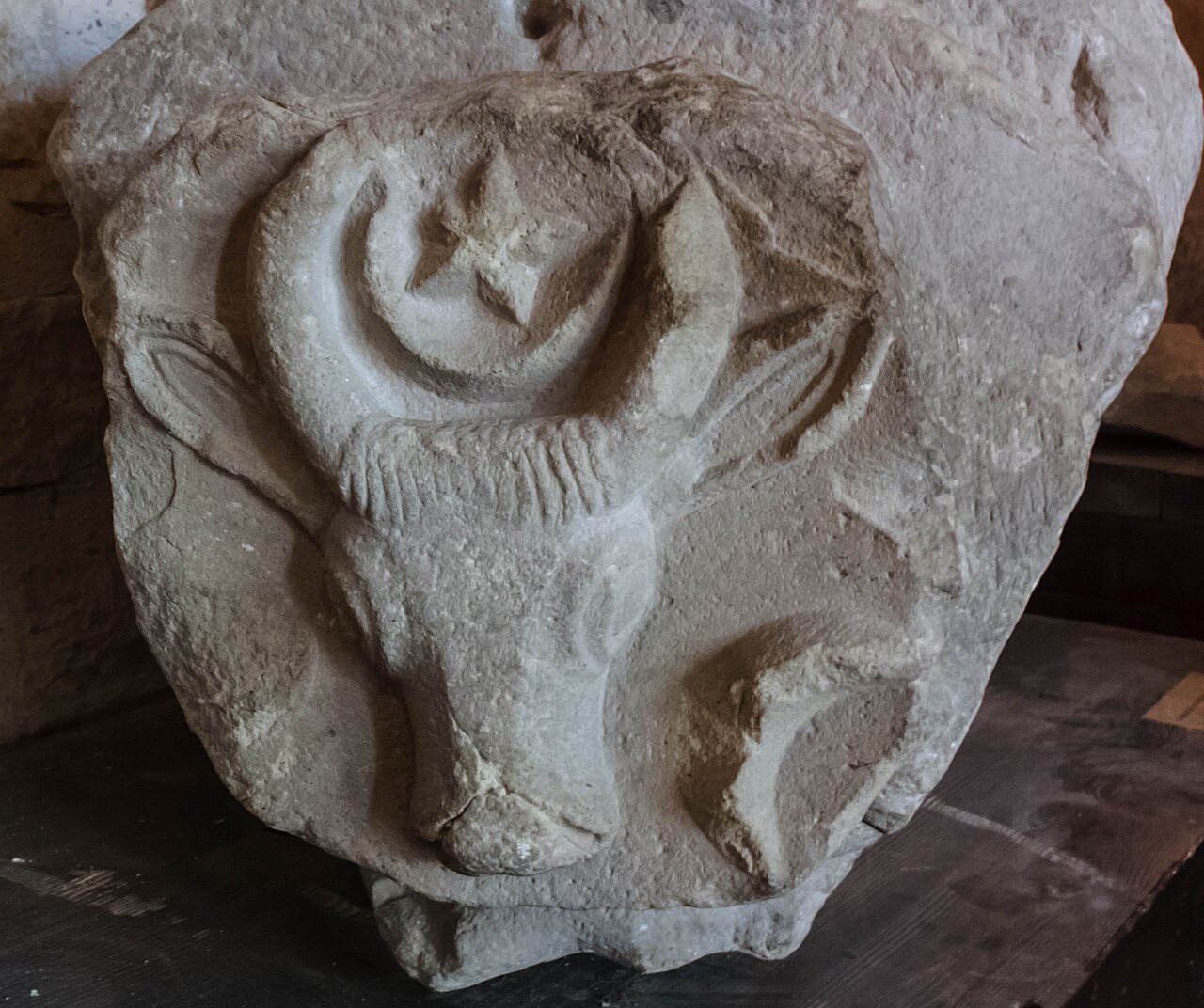 Fragment de piatră cu stema Moldovei, detaliu de material și sculptură