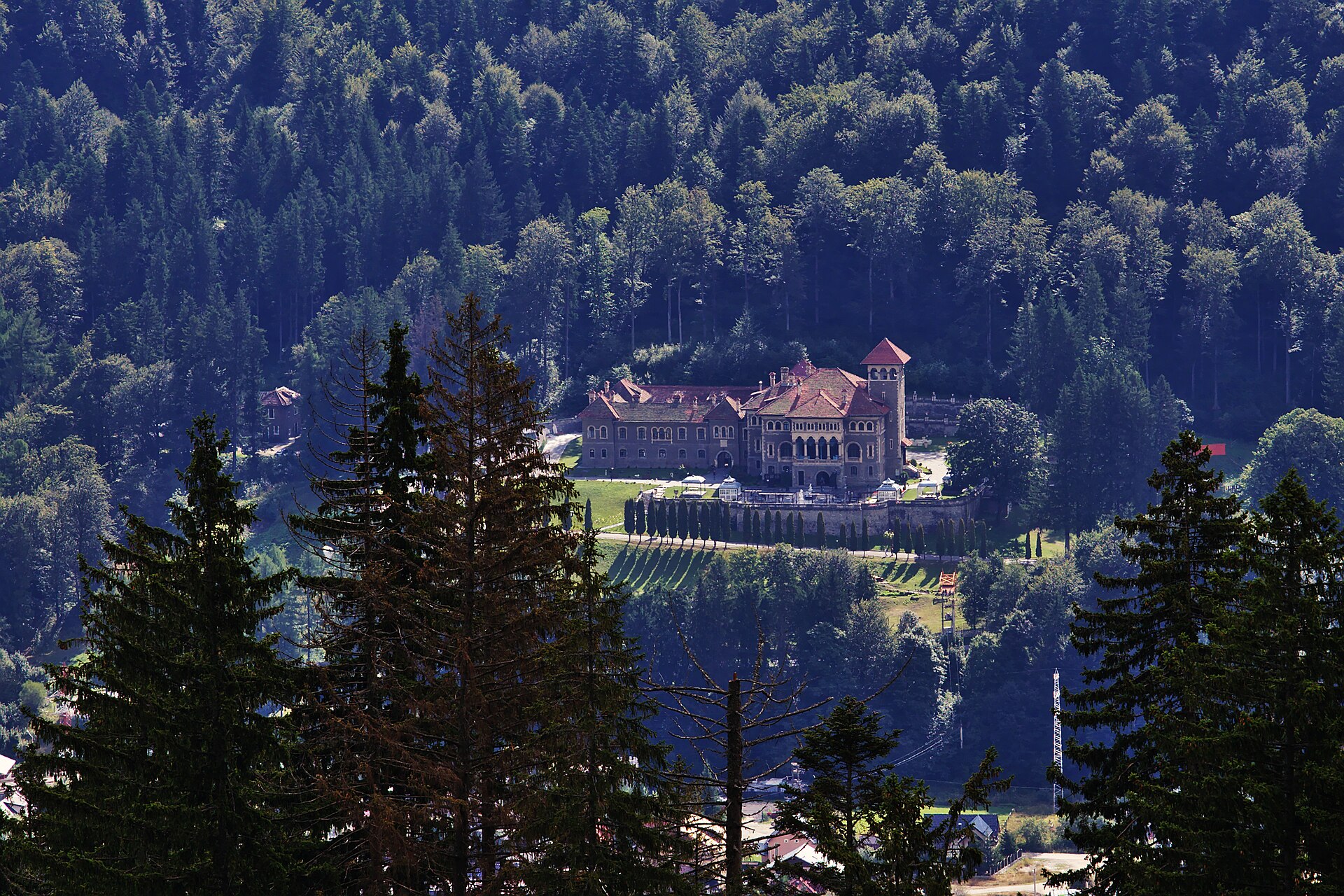 Castelul văzut de la distanță, în peisajul împădurit; detaliile sunt mici în cadru