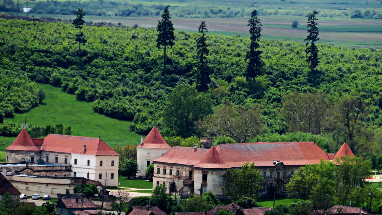 Vedere aeriană oblică a ansamblului: aripi, turnuri circulare și învelitori; vegetația ascunde părți din incintă.