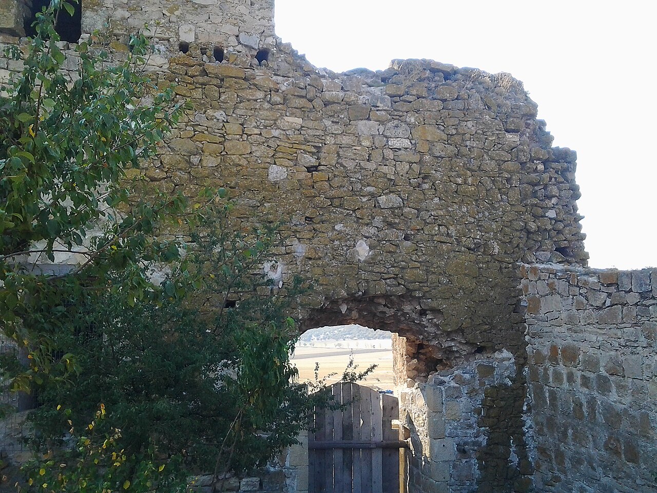 Poartă arcuită în zidul de piatră, vedere frontală din apropiere.