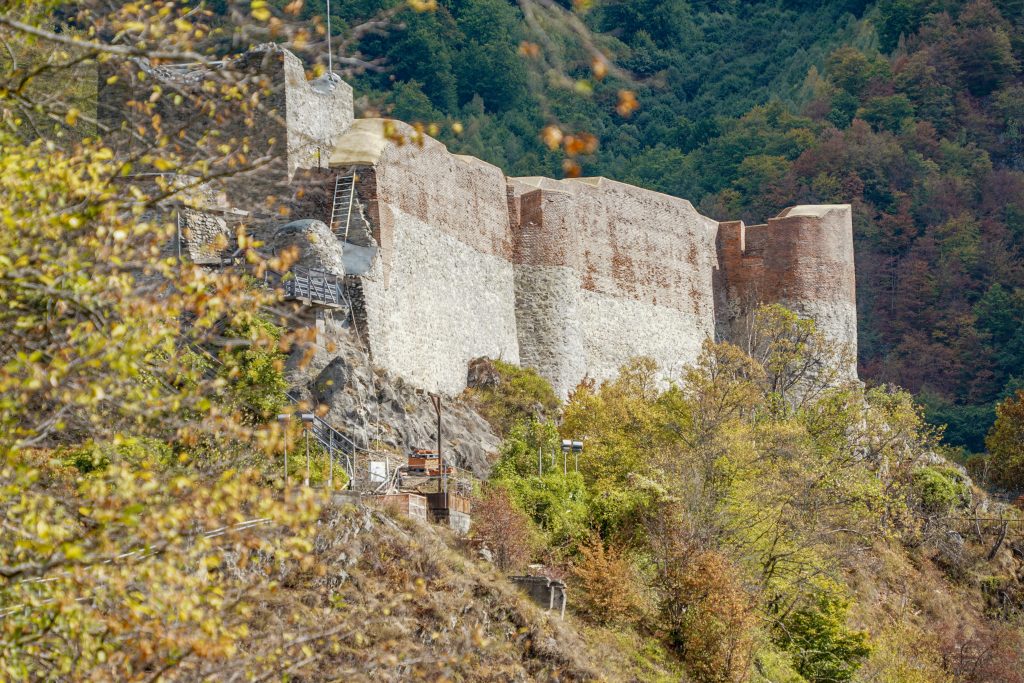 Latura exterioară a cetății cu turnuri și ziduri pe stâncă, fotografiată printre copaci.
