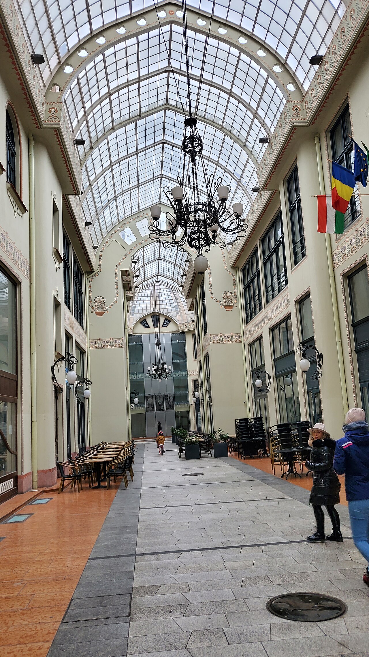 Ramură vitrată cu vitrine și candelabru, vedere longitudinală.
