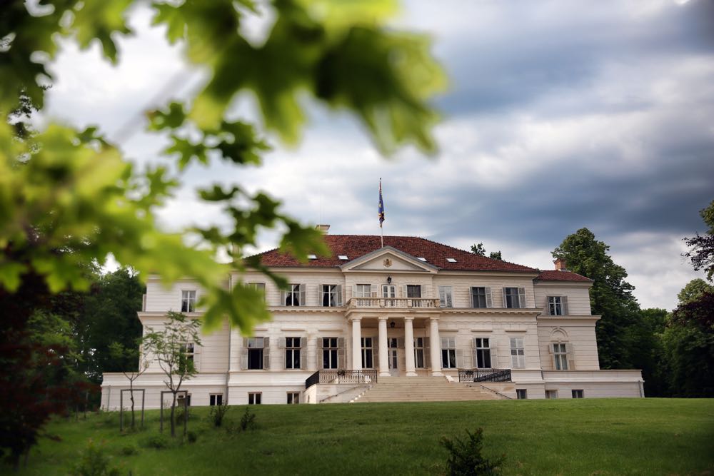 Castelul alb văzut printre arborii parcului; fațada și învelitoarea.