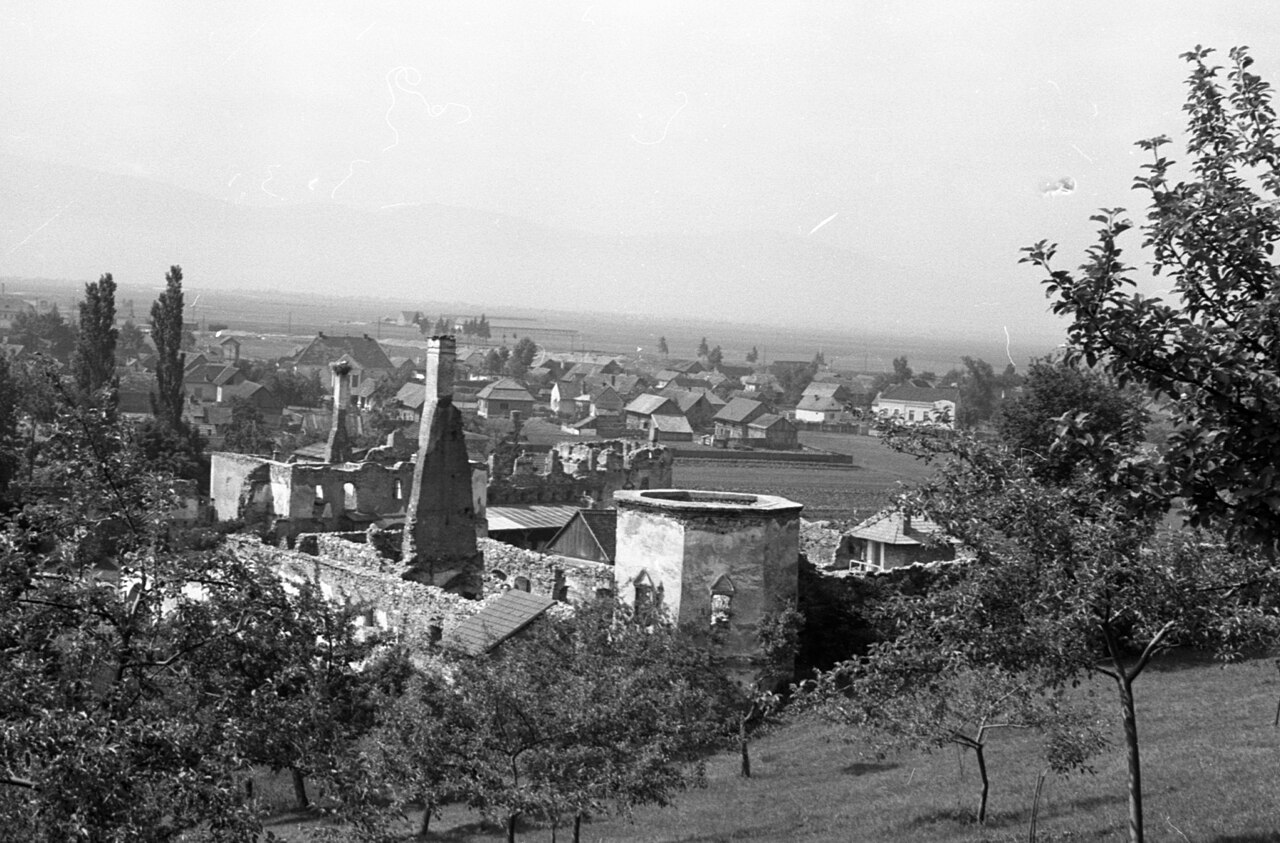 Fotografie istorică a castelului ruinată parțial, dintr-un versant înalt; nu reprezintă restaurarea actuală.