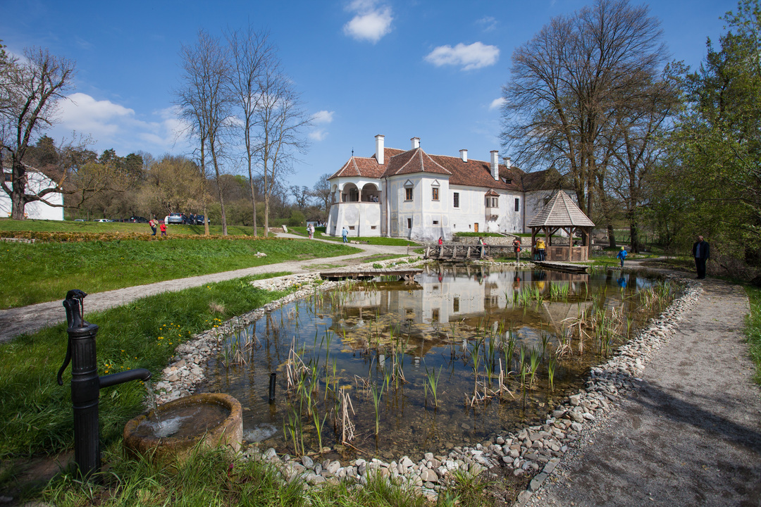 Castelul, iazul și foișorul văzute de pe mal.