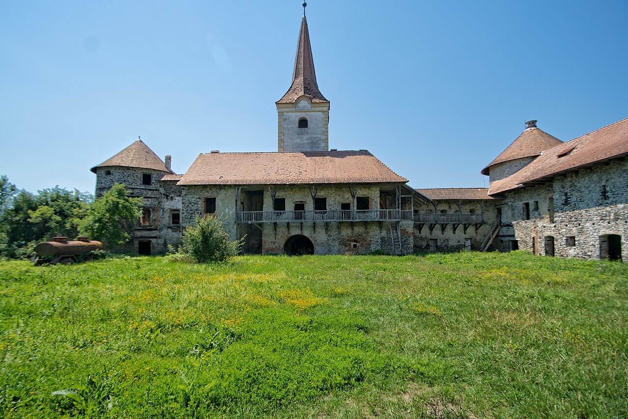 Curtea, turnul de poartă și aripile laterale, văzute de la sol.