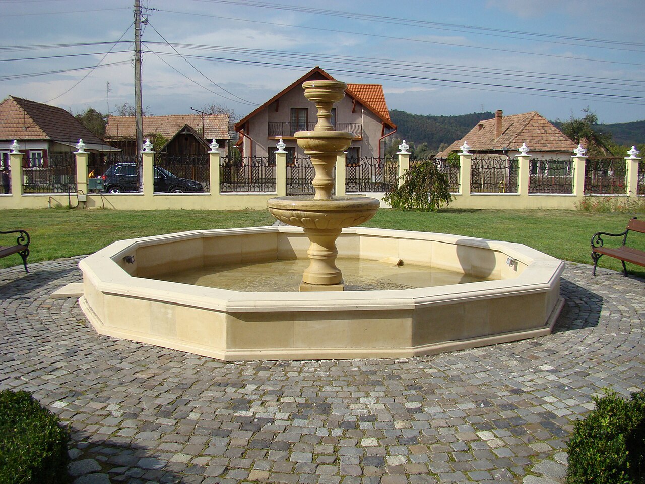 Fântâna din curte, poarta și anexele domeniului.