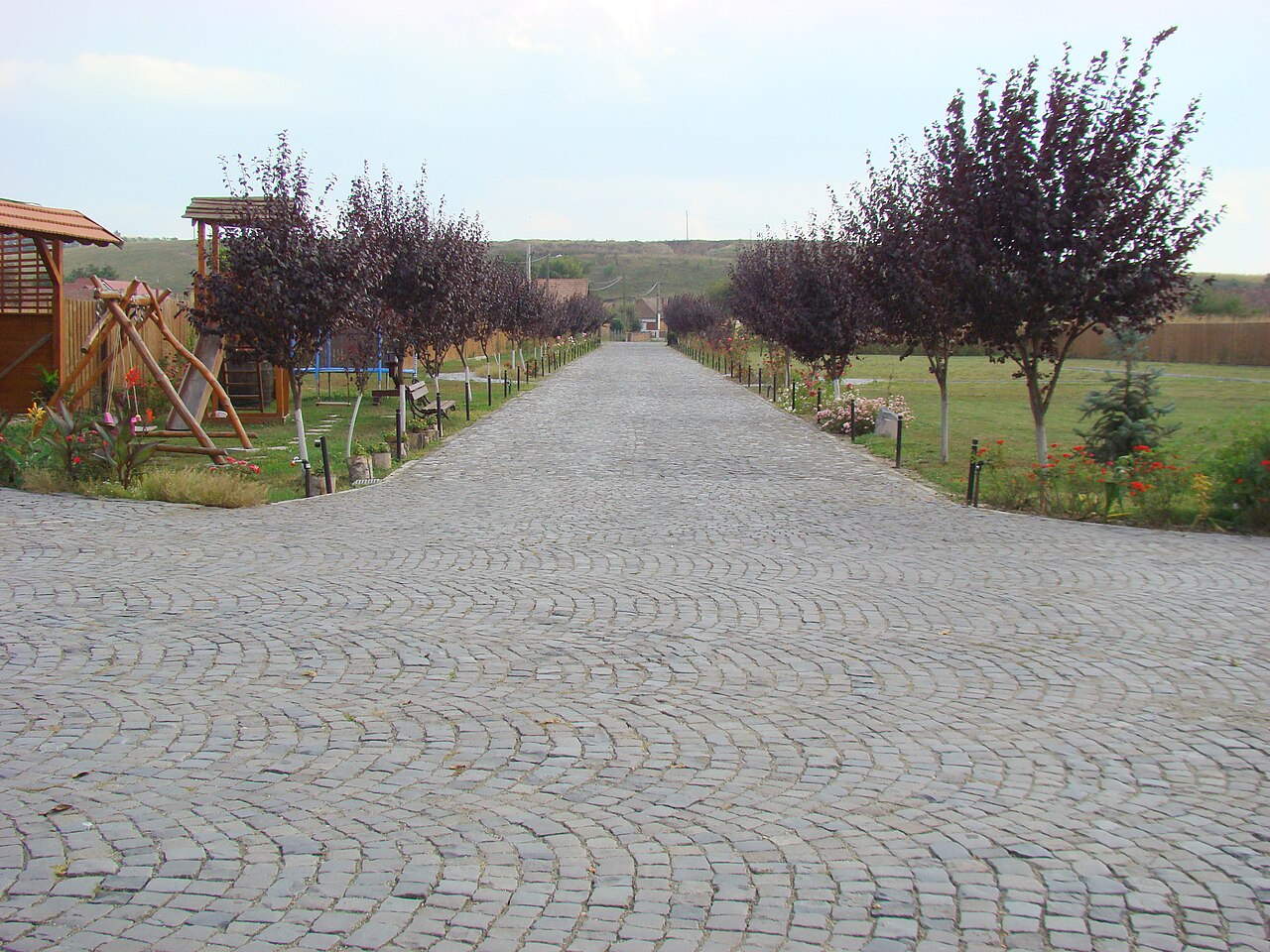 Aleea pavată a domeniului, cu vegetație și context rural.