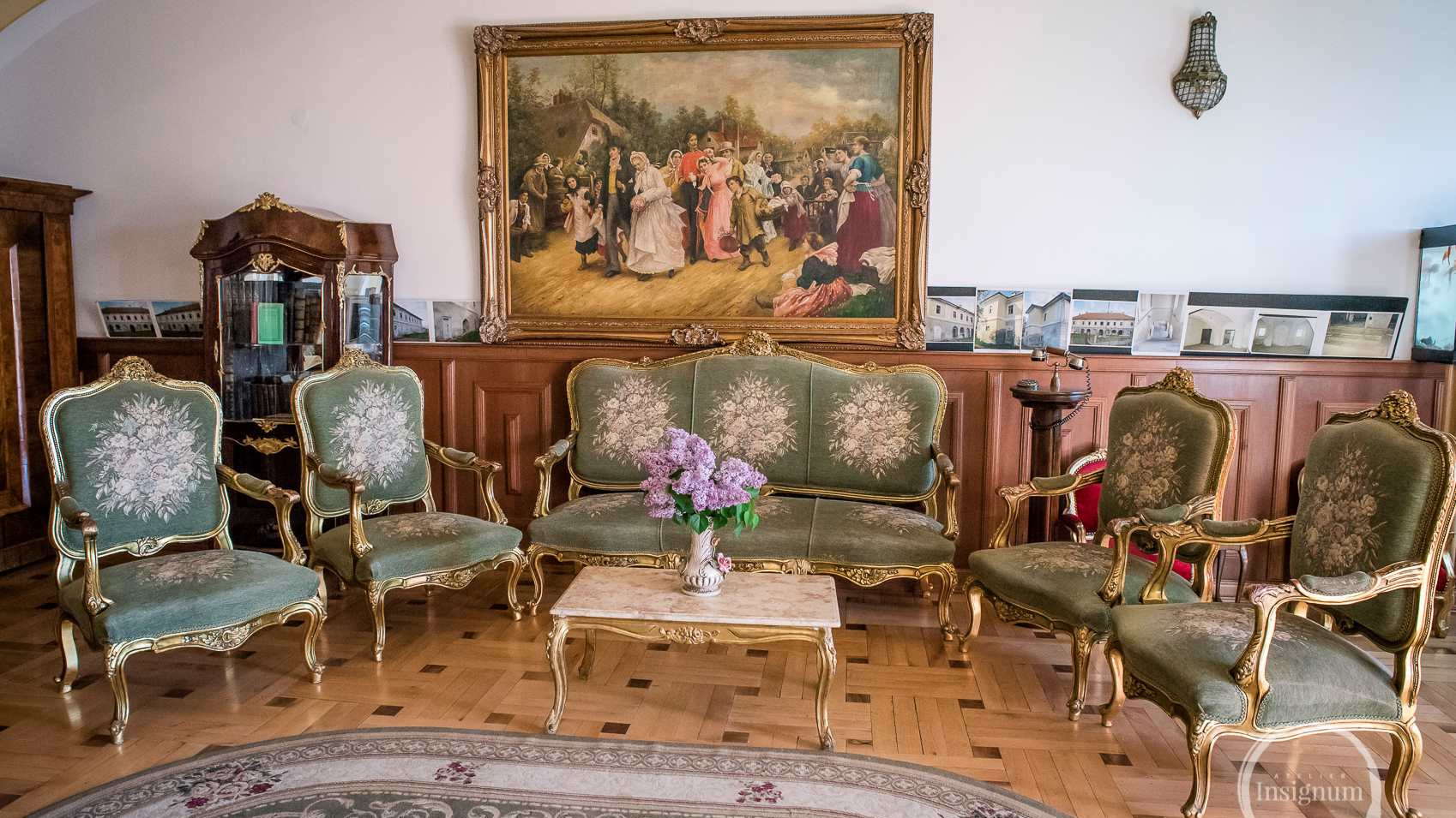 Salonul într-o fotografie a administratorului: pereți, lambriu și mobilier.