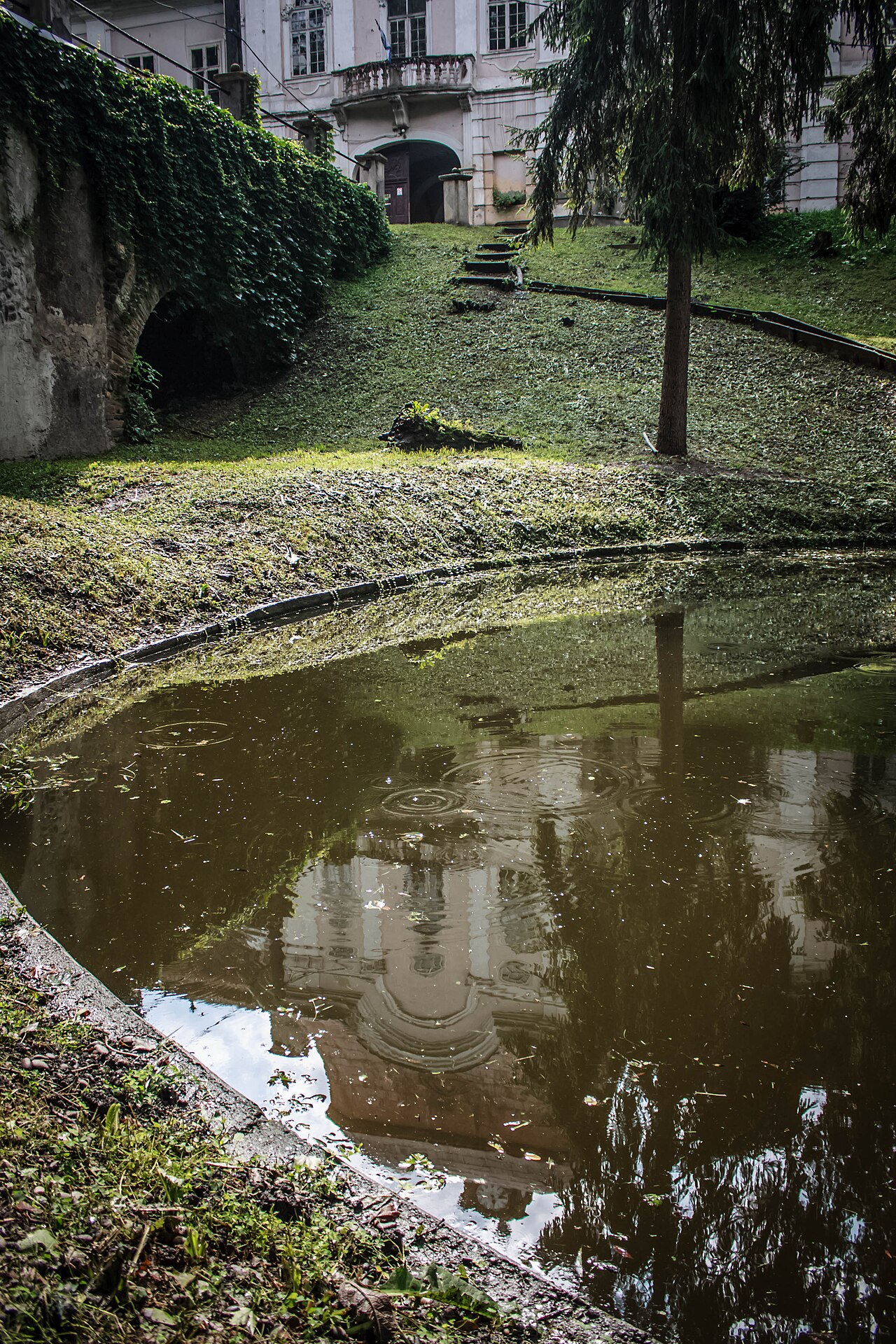 Iazul și pavilionul castelului printre arbori; vedere de context din parc.