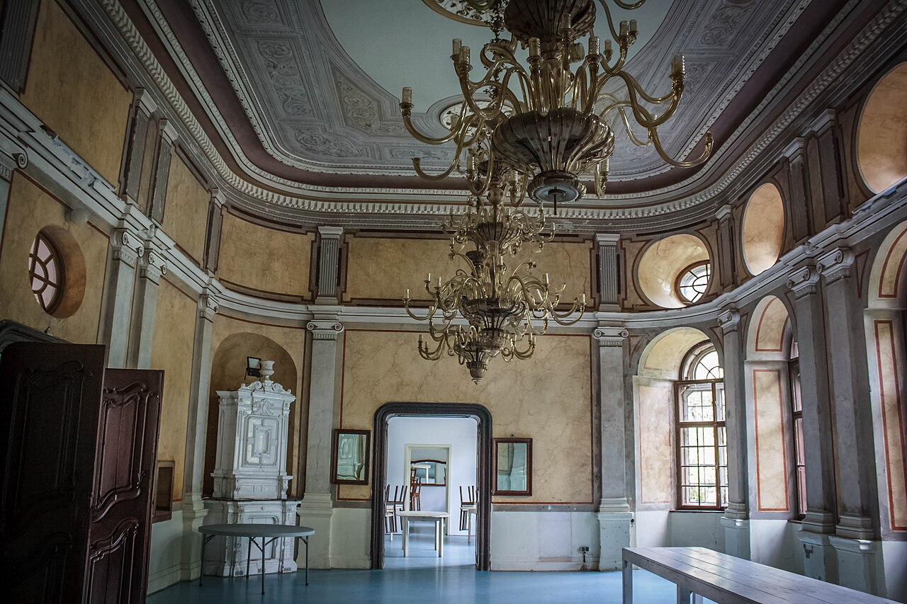 Sala de reprezentare: tavan, candelabru, uși și ferestre.