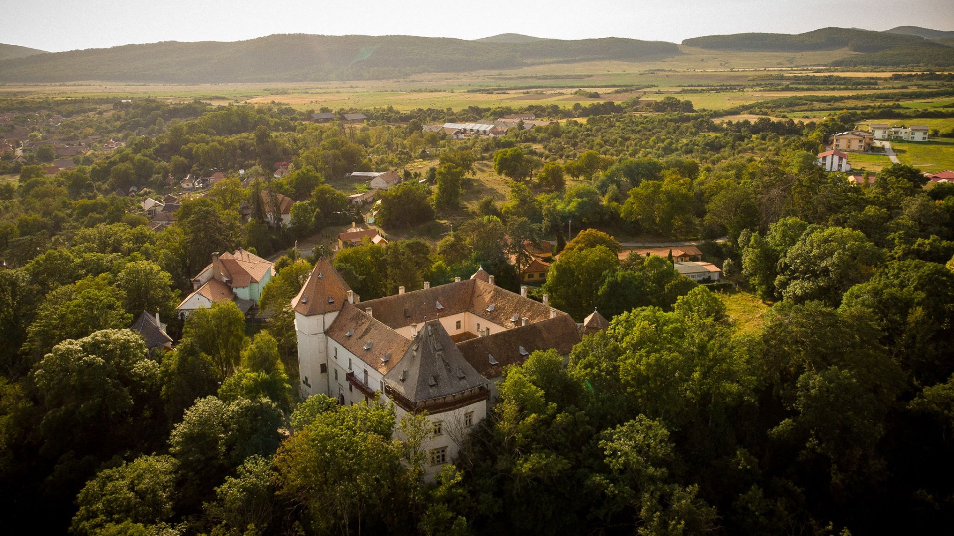 Fotografie aeriană oblică din altă direcție, cu arbori care ascund baza fațadelor.