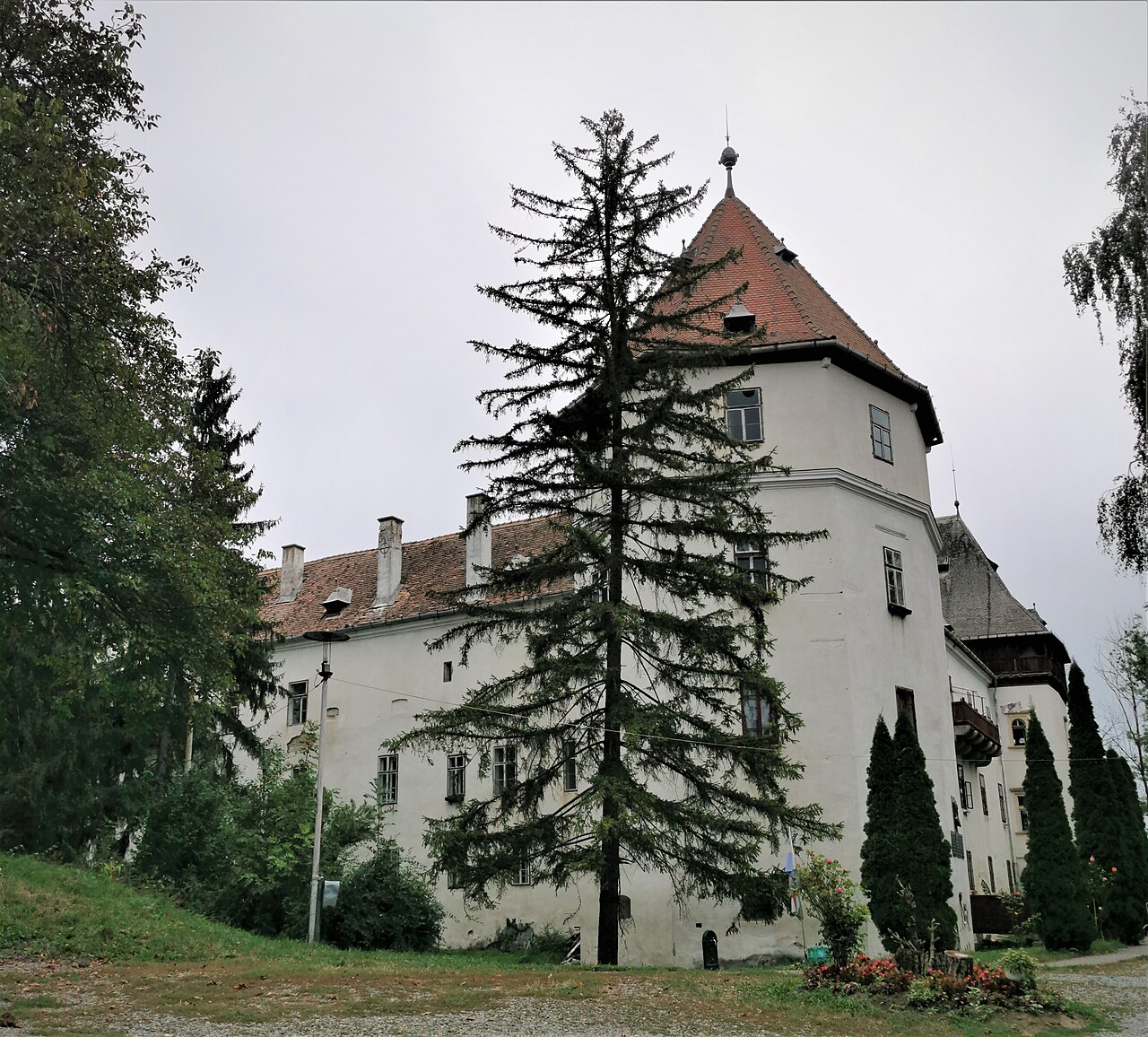 Castelul văzut oblic: turn înalt, aripă și acoperiș.