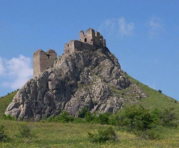 Cetatea de Sus și ruinele palatului pe stâncă, dinspre poalele dealului.