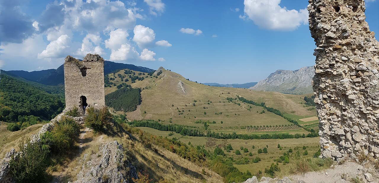 Donjonul și zidul de legătură, privite de la înălțime din zona ruinelor; nu aeriană.