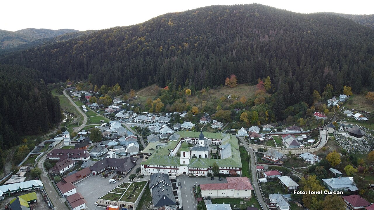 Aeriana oblică a mănăstirii din Vale și a satului.