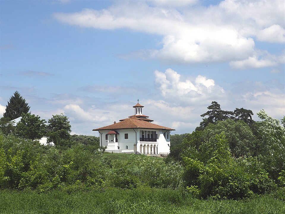 Biserica Sfântul Lazăr văzută dincolo de vegetație, pe ostrovul cimitirului.