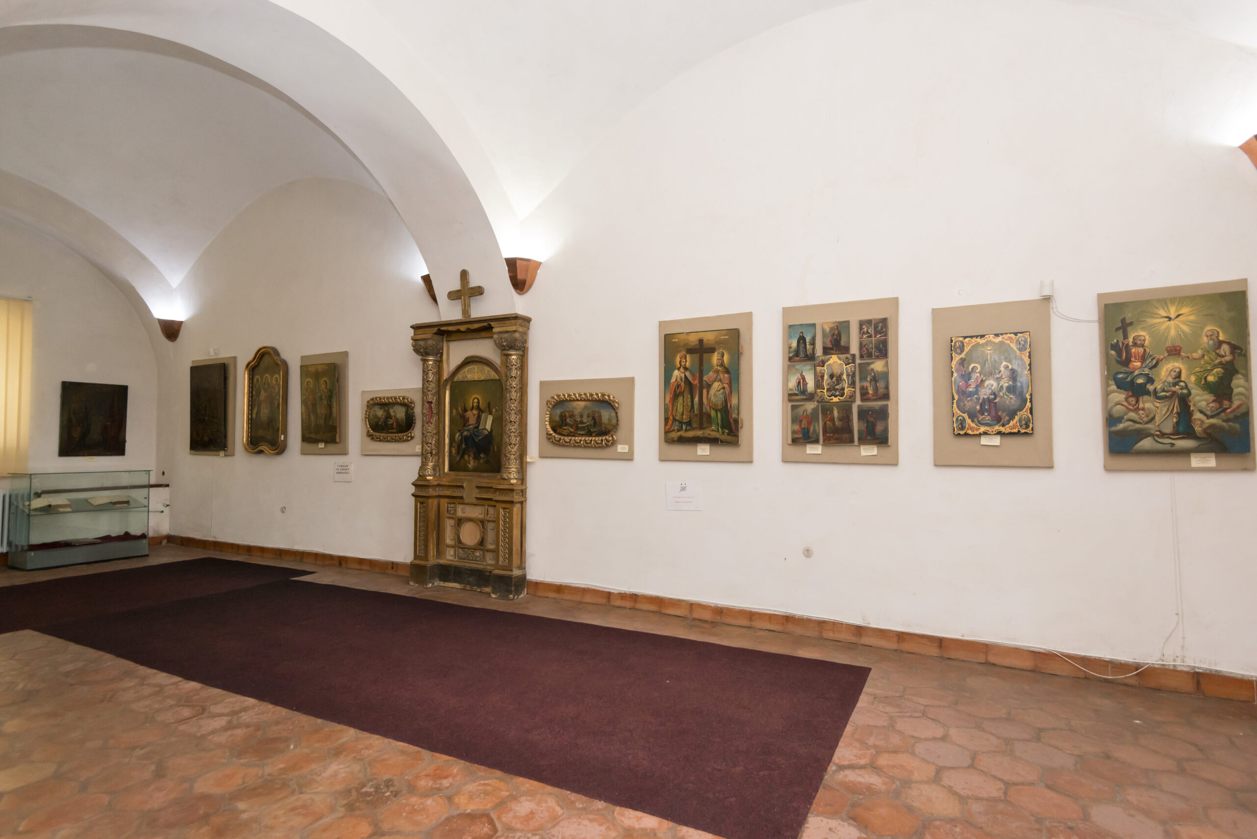 Sala muzeului: bolți, deschideri și amplasarea vitrinelor.