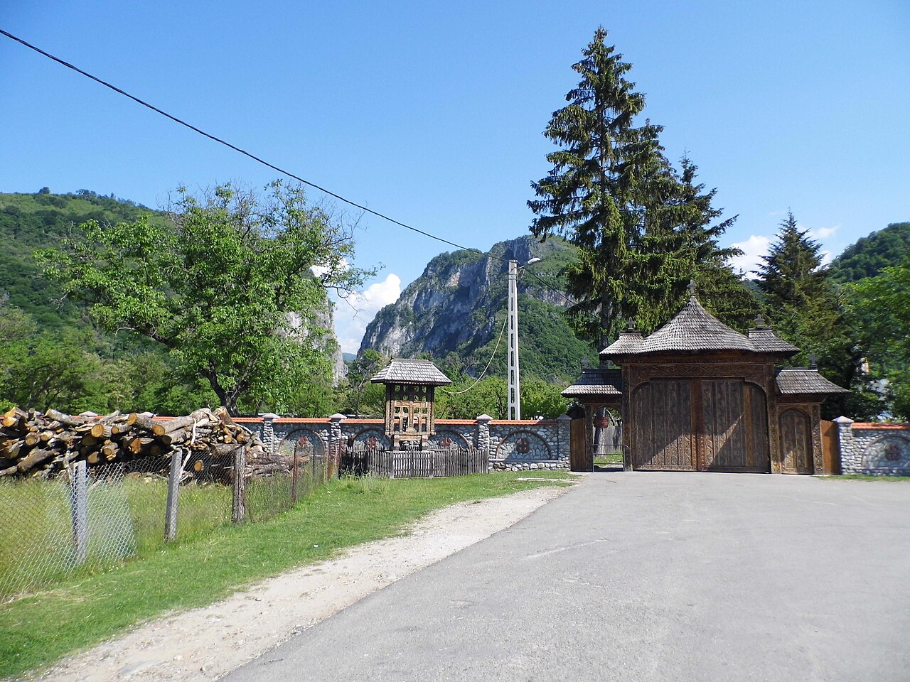 Drumul de acces, poarta de lemn și împrejmuirea.