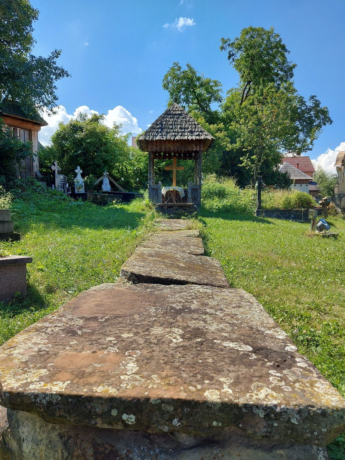 Masa de piatră din curte și poarta acoperită.
