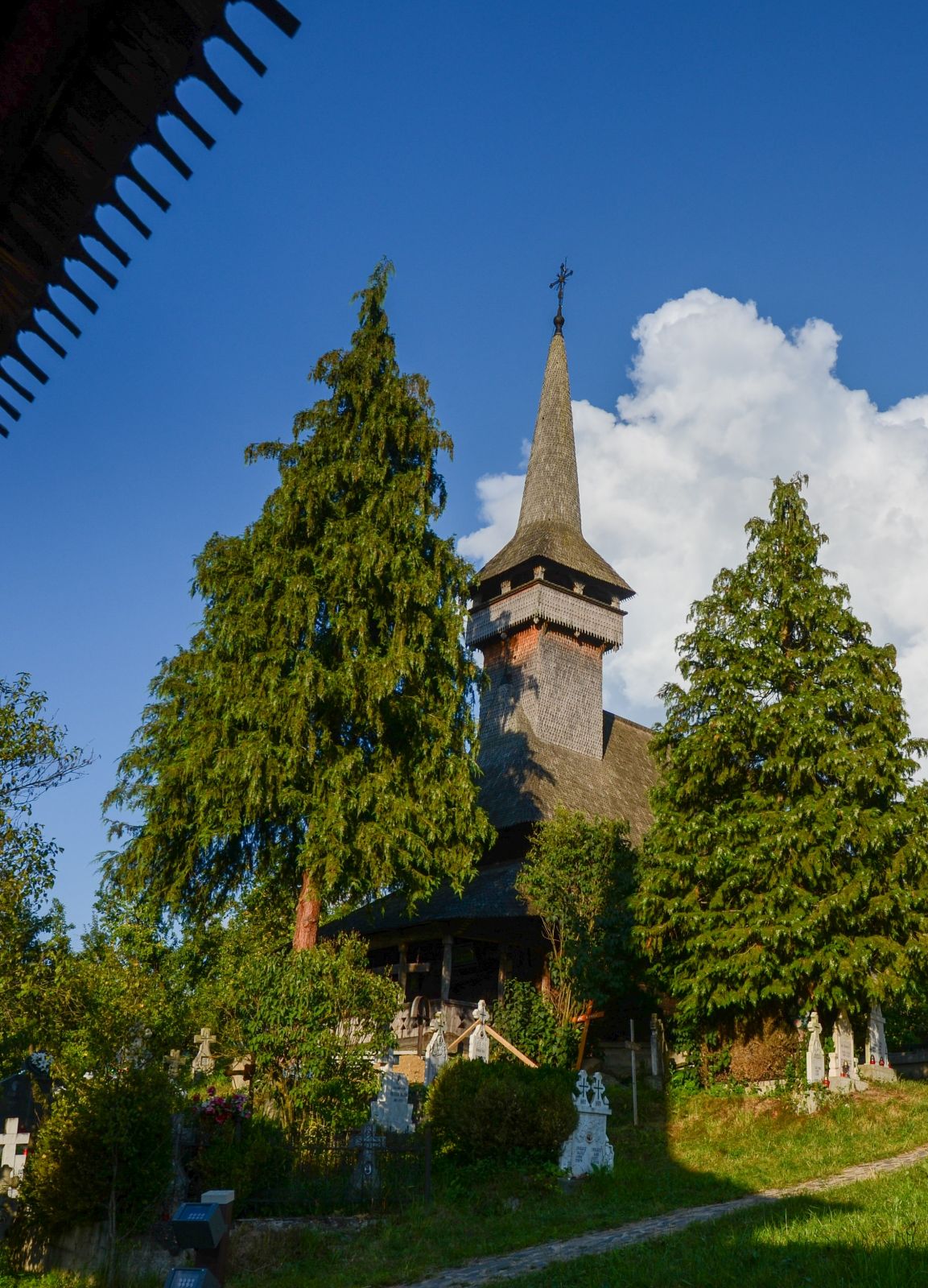 Turnul și fațada de acces, parțial ascunse de arbori.