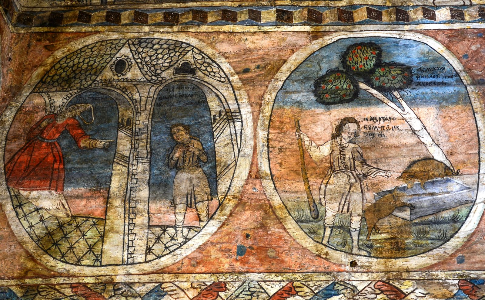 Două scene pictate în registre decorative.