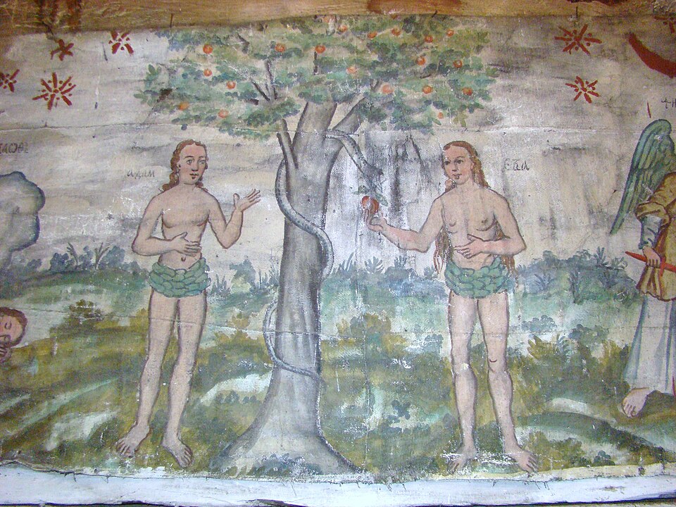 Pictură pe bârne și rosturi vizibile.
