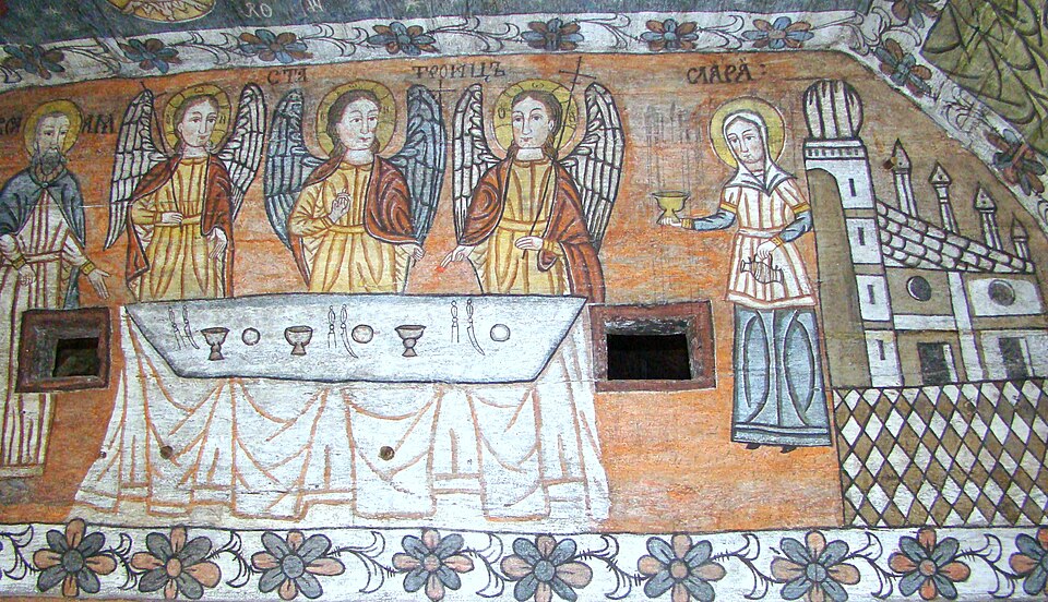 Pictură murală, cu rosturile suportului de lemn.