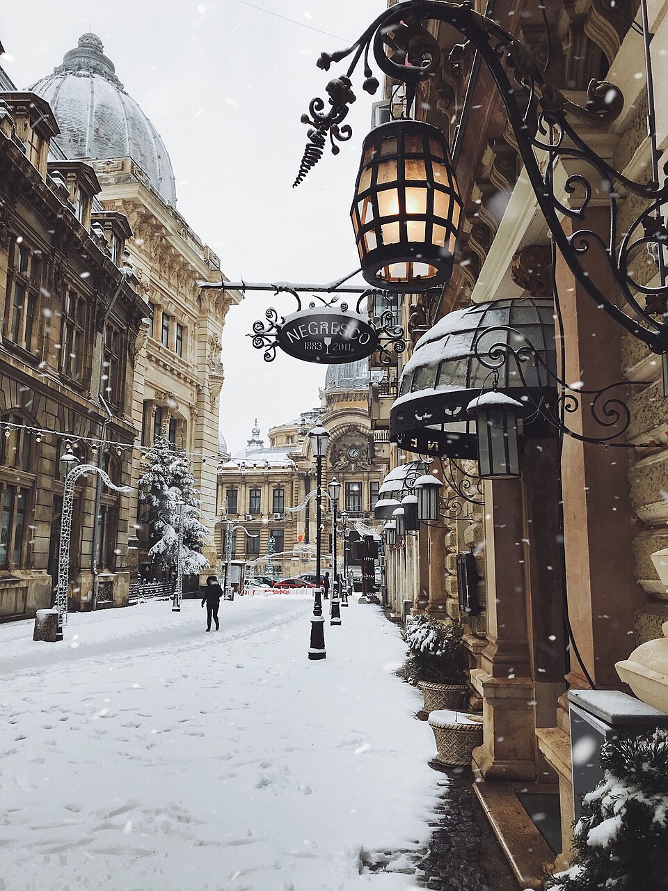 Palatul în fundalul străzii înzăpezite.